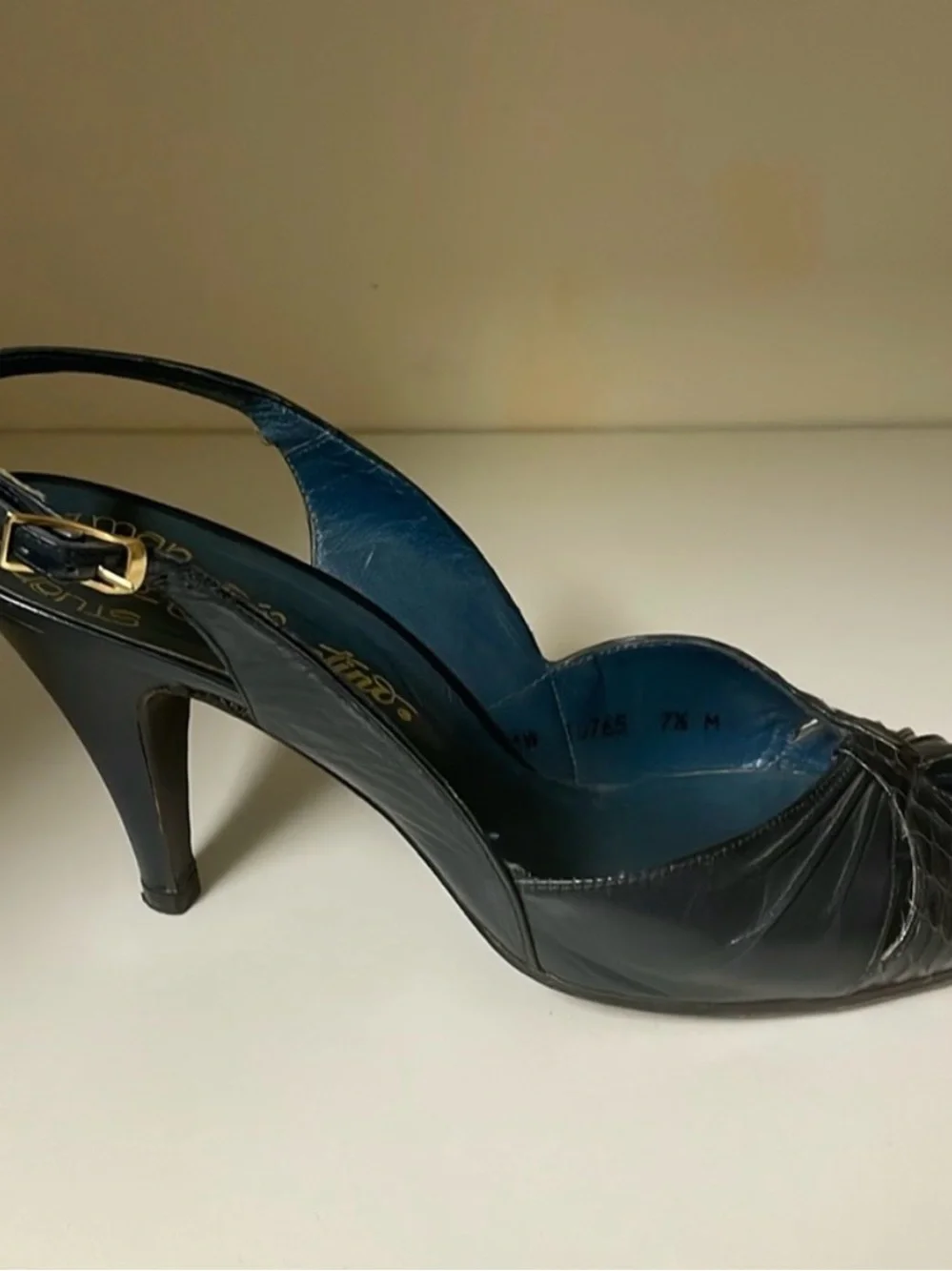 Stuart Weitzman Navy Blue Slingback Open Toe Leather Shoe size 7.5